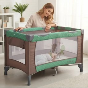 Patut Pliabil si Tarc copii Baby Care™ PRO FMG, 120X60 cm, 2 Niveluri de inaltime, Cu geanta transport inclusa, Plasa insecte, Maron cu Verde