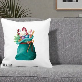 Perna Decorativa Saculet Cadouri Mos Craciun Acuarela Verde, 40x40 cm, Alba Mata, Husa Detasabila, Perna Inclusa, BEKZ®