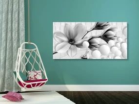 Tablou magnolie cu elemente abstracte alb-negru