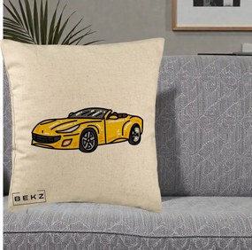 Perna Personalizata Masina Cabriolet Galbena Grafic, 40x40 cm, Bej, Husa Detasabila, Perna Inclusa, BEKZ®