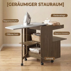 HOMCOM Dulap Masă de Călcat Pliabil cu Roți și Suport pentru Fier de Călcat, Dulap Multifuncțional cu Rafturi, Compartiment Deschis, pentru Spălătorie, Baie, 154x55x87 cm, Maro | Aosom Romania