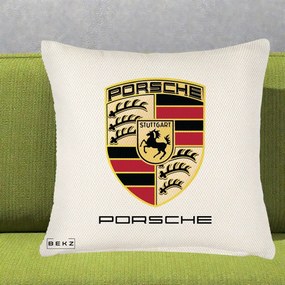 Perna Personalizata Porsche Stuttgart, 40x40 cm, Crem Reliefat, Husa Detasabila, Perna Inclusa, BEKZ®