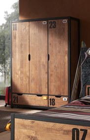 Dulap Copii ALEX cu 3 Uși, Pin Masiv, Rafturi și Sertare, Design Industrial – Vipack