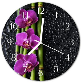 Ceas de perete din sticla rotund Orhideea flori violet