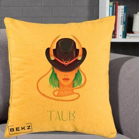 Perna Personalizata Zodie Taur, 40x40 cm, Galben, Husa Detasabila, Perna Inclusa, BEKZ®
