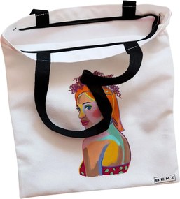 Sacosa de Panza pentru Cumparaturi, Geanta Tote, model Portret Vibrant 3, Cu fermoar, 38x34.5 cm, Alba, BEKZ®