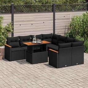 3327464 vidaXL Set mobilier grădină perne 9 piese negru poliratan/lemn acacia