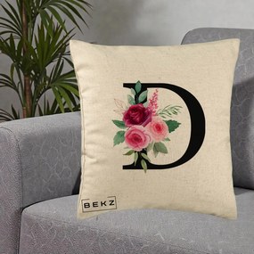 Cadou Personalizat - Perna Personalizata Monograma Florala Litera D, 40x40 cm, Bej, Husa Detasabila, Perna Inclusa, BEKZ®