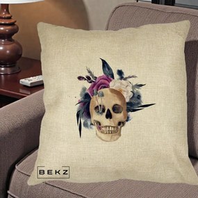 Perna Decorativa Craniu Floral cu Trandafiri si Ciuperci, 40x40 cm, Crem, Husa Detasabila, Perna Inclusa, BEKZ®