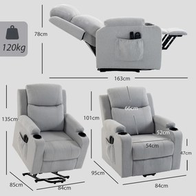 HOMCOM Fotoliu Electric cu Ridicare Asistată, Reclinabil, Încălzit, cu Masaj, Aspect In, 2 Telecomenzi, Gri Deschis | Aosom Romania