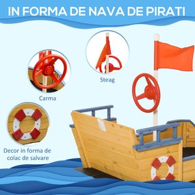 Outsunny  Nisipar din Lemn pentru Copii in Forma de Corabie de Pirati cu Compartiment de Depozitare, Joc de Gradina 158x78x45.5cm