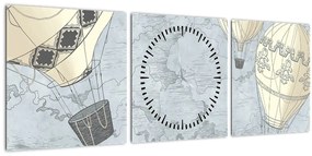 Tablou - Baloane deasupra orașului, nuanțe reci (cu ceas) (90x30 cm)