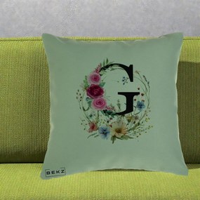 Cadou Personalizat - Perna Personalizata Monogram Litera G cu Flori Acuarela, 40x40 cm, Verde, Husa Detasabila, Perna Inclusa, BEKZ®