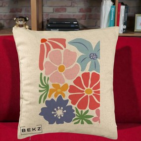 Perna Decorativa Flori Grafice Roz-Rosu-Albastru, 40x40 cm, Bej, Husa Detasabila, Perna Inclusa, BEKZ®
