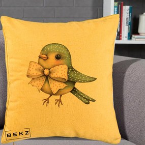 Perna Decorativa Pasare Teal cu Fundita cu Buline, 40x40 cm, Galben, Husa Detasabila, Perna Inclusa, BEKZ®