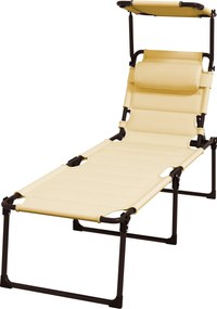 Outsunny Șezlong pliabil cu copertină, perniță reglabilă pentru cap din țesătură Oxford 70 x 200 x 45 cm crem | Aosom Romania