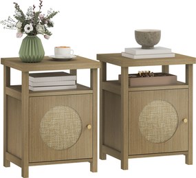 HOMCOM Set de 2 noptiere înguste masă auxiliară compartiment deschis dulap finisaj ratan, 40 x 35 x 55 cm maro | Aosom Romania