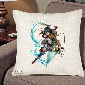 Perna Personalizata Attack on Titan Mikasa Ackerman Lupta, 40x40 cm, Crem Reliefat, Husa Detasabila, Perna Inclusa, BEKZ®