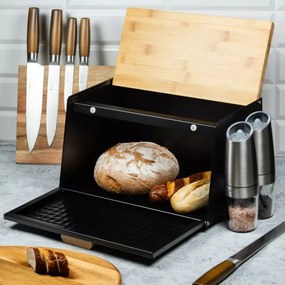 Cutie pentru paine Klausberg KB 7467, 35.5 cm, Otel, Bambus, Capac superior si frontal, Negru/Maro