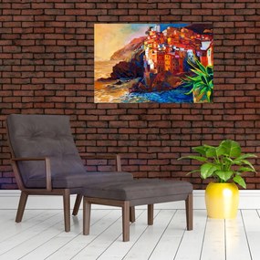 Tablou - Satul de coastă Cinque Terre, Riviera italiană, impresionismul modern (90x60 cm)