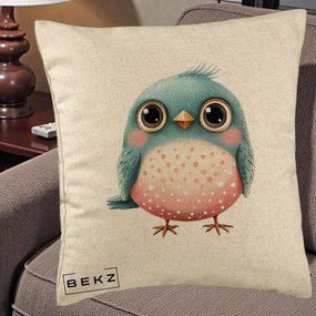 Perna Decorativa Pasare Teal-Roz cu Pete, 40x40 cm, Bej, Husa Detasabila, Perna Inclusa, BEKZ®