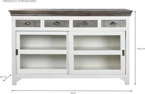 Bufet alb în stil shabby chic, din lemn de mango, cu 2 uși vitrate glisante, 4 sertare și blat gri închis, 105,4 x 165 x 45,7 cm, „Serena”