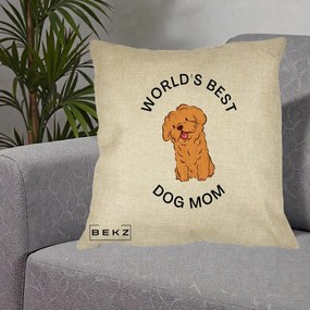 Cadou pentru Iubitorii de Caini - Perna Personalizata World's Best Dog Mom, 40x40 cm, Crem, Husa Detasabila, Perna Inclusa, BEKZ®