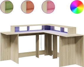 vidaXL Birou cu lumini LED stejar sonoma 152x152x91 cm, lemn prelucrat