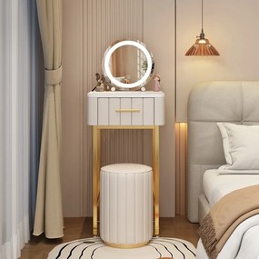 Set Seraphine, Masă de toaletă pentru machiaj, minimalistă, cu oglindă iluminată LED, control touch, sertar și taburet, Bej
