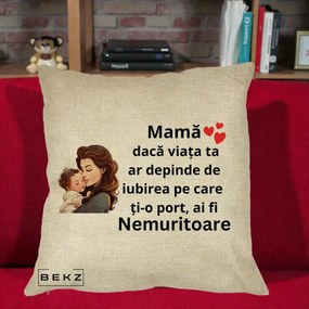 Cadou pentru Mama - Perna Personalizata Mama Nemuritoare cu Bebelus Lineart, 40x40 cm, Crem, Husa Detasabila, Perna Inclusa, BEKZ®