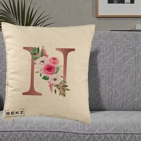 Cadou Personalizat - Perna Personalizata Monograma Rose Gold Litera N, 40x40 cm, Bej, Husa Detasabila, Perna Inclusa, BEKZ®