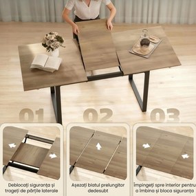 HOMCOM Masă de Luat Masa Extensibilă pentru 6-8 Persoane cu Panouri Detașabile, 140-180cm Masă Rectangulară Extensibilă cu Bază din Oțel, Stil Industrial, pentru Sufragerie, Culoare Lemn | Aosom Romania