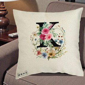 Cadou Personalizat - Perna Personalizata Monogram Litera K cu Flori Acuarela, 40x40 cm, Ecru, Husa Detasabila, Perna Inclusa, BEKZ®