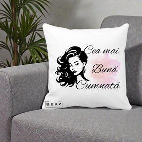 Cadou pentru Cumnata - Perna Personalizata Cea mai Buna Cumnata cu Silueta Dama si Pete Roz, 40x40 cm, Alba Mata, Husa Detasabila, Perna Inclusa, BEKZ®