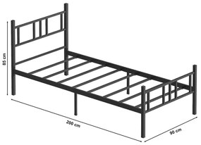 Pat metalic pentru o persoană PIRON 90 x 200 cm, negru, capacitate de încărcare 120 kg
