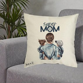 Cadou pentru Mama - Perna Personalizata Super Mom, 40x40 cm, Ecru, Husa Detasabila, Perna Inclusa, BEKZ®