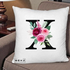 Cadou Personalizat - Perna Personalizata Monograma Florala Litera X cu Buchet, 40x40 cm, Alb Pufos, Husa Detasabila, Perna Inclusa, BEKZ®