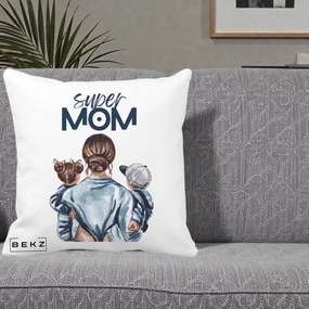 Cadou pentru Mama - Perna Personalizata Super Mom, 40x40 cm, Alba Mata, Husa Detasabila, Perna Inclusa, BEKZ®