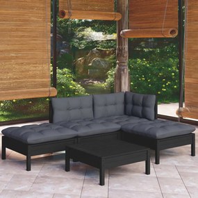 Set mobilier gradina cu perne, 5 piese, negru, lemn de pin Negru, 5