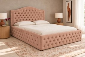 Pat tapițat Chesterfield din catifea Solaria Deluxe 160×200 cm, cappuccino, cu ladă de depozitare
