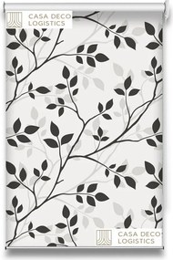 Roletă textilă Floral 8011 albă cu model ramuri și frunze gri-negru