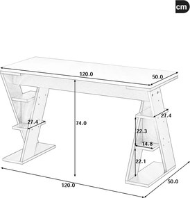 Birou simplu cu suport în formă de X, raft de depozitare cu șase poziții, 120x50x74 cm, Gri + Alb
