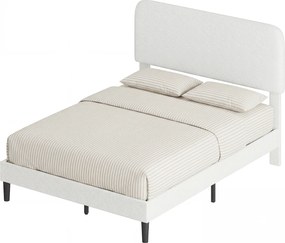 HOMCOM Cadru de pat 140x190cm cu somieră, tăblie reglabilă, pat dublu tapițat în velur Teddy, lamele metalice, alb | Aosom Romania