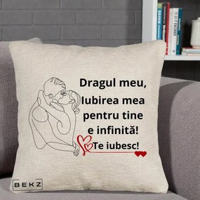 Cadou pentru Iubit - Perna Personalizata Dragul Meu Iubirea Mea pentru Tine e Infinita Te Iubesc, 40x40 cm, Bej Canapea, Husa Detasabila, Perna Inclusa, BEKZ®