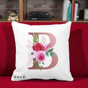 Cadou Personalizat - Perna Personalizata Monograma Rose Gold Litera B, 40x40 cm, Alba Mata, Husa Detasabila, Perna Inclusa, BEKZ®