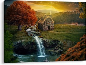 Tablou cu căbănuță în peisaj de poveste (70x50 cm)