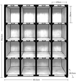 Etajeră cu 15 compartimente, din lemn de pin și metal, aspect vintage, H116 x L100 x A30 cm