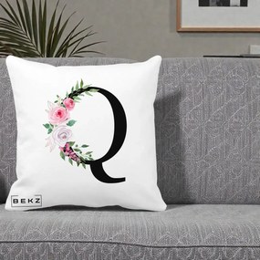Cadou Personalizat - Perna Personalizata Monograma Florala Litera Q, 40x40 cm, Alba Mata, Husa Detasabila, Perna Inclusa, BEKZ®