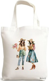 Sacosa de Panza pentru Cumparaturi, Geanta Tote, model The reading girls 38 x 34.5 cm, Alba, BEKZ®