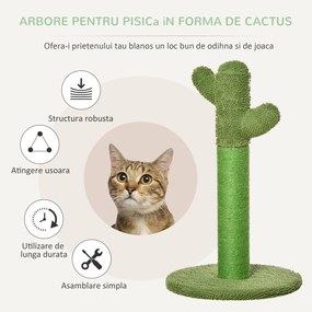 Arbore de Zgariat PawHut pentru Pisici Adulte si Pisicute in Forma de Cactus cu Coarda de Sisal, 40x40x65cm, Verde | Aosom RO
